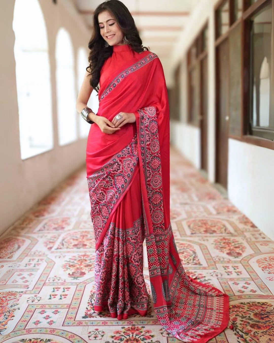 Delightful Pure Gajji Silk Saree In Ajarakh Pattern