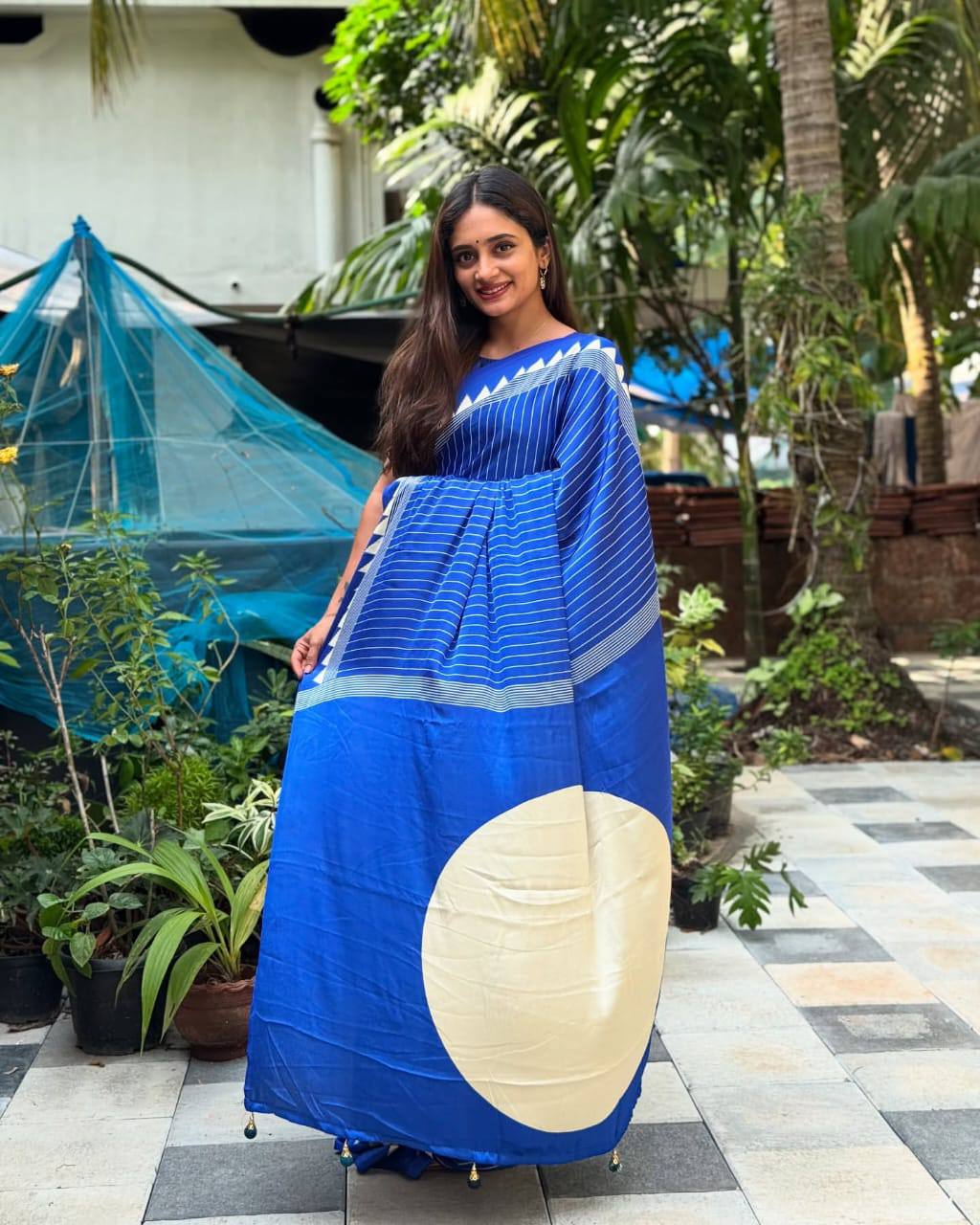 Very Trending Ajrakh Pure Gajji Silk Saree WIth Tassel