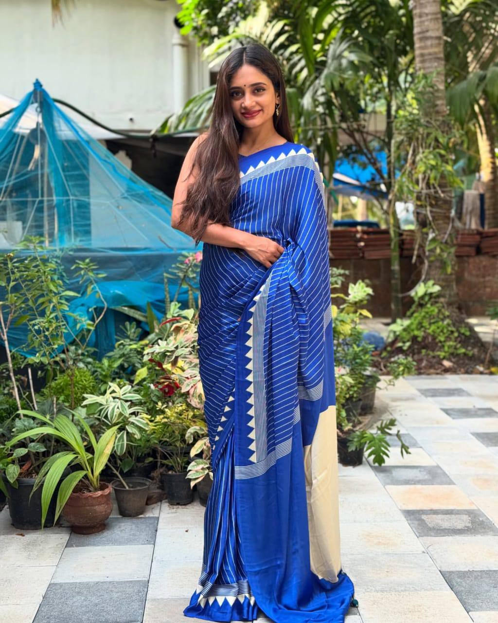 Very Trending Ajrakh Pure Gajji Silk Saree WIth Tassel